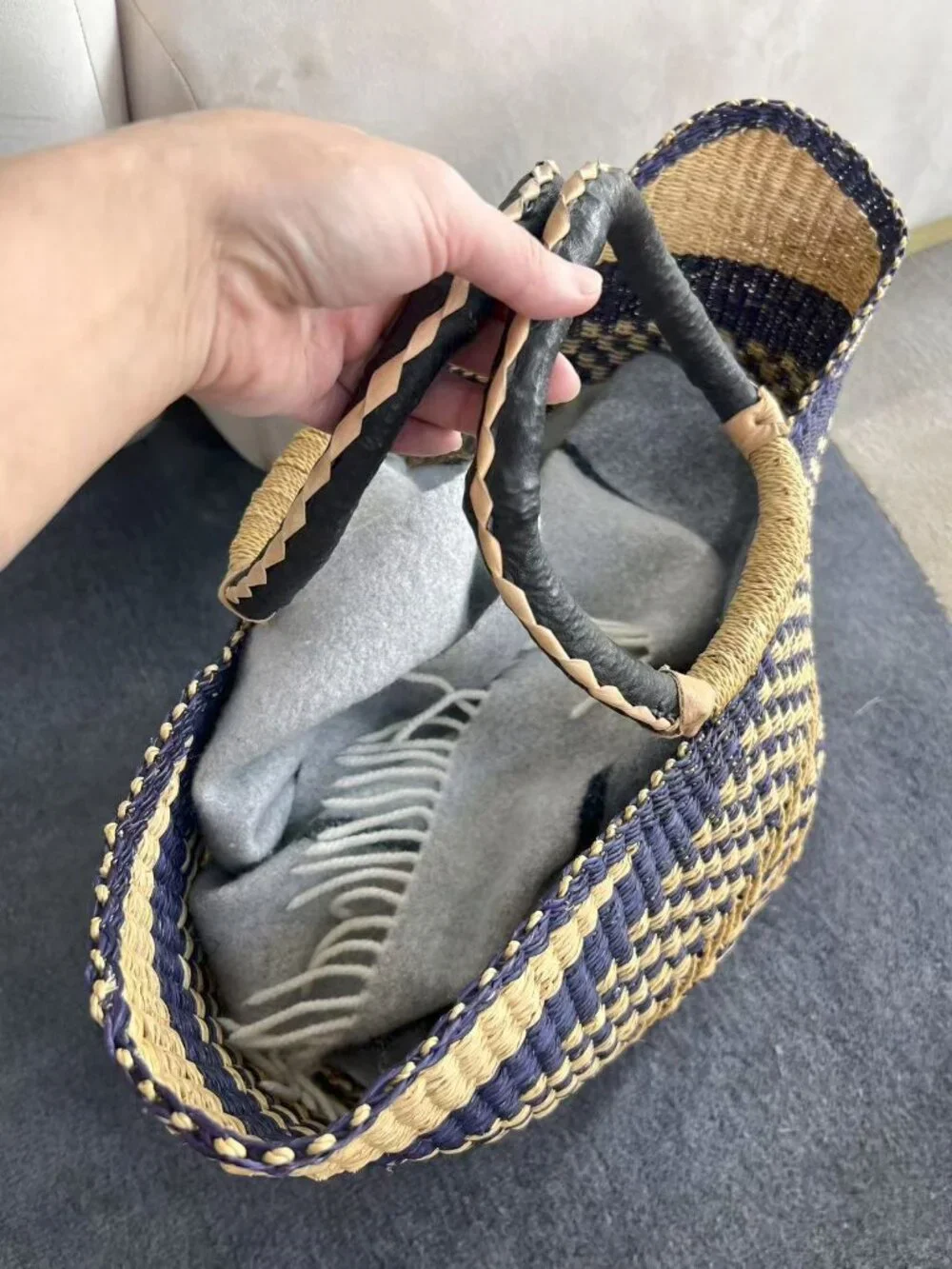 Brand New Bolga Large Handwoven Ghanaian Straw Market Tote Basket – Navy
